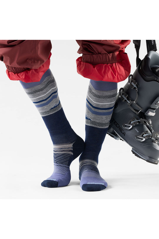 Two pairs of feet wearing blue striped socks with red jackets and gray boots on a white background