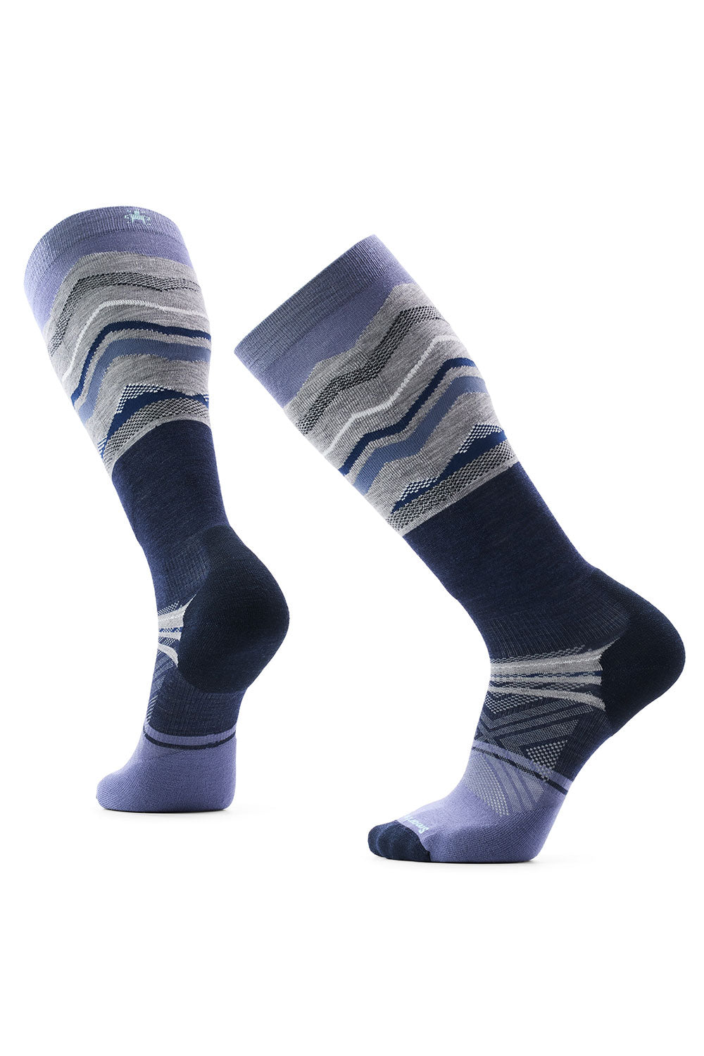 Pair of blue and gray striped socks on a white background