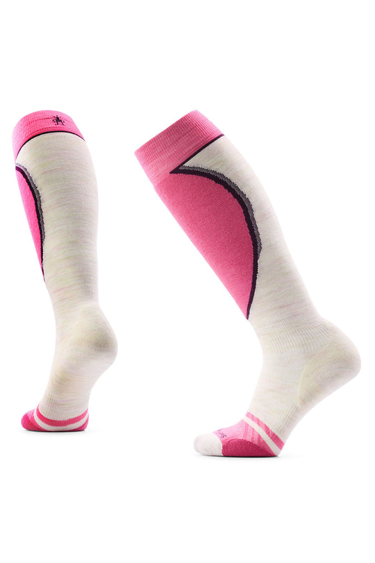 Pair of knee-high socks with pink and black accents on a white background