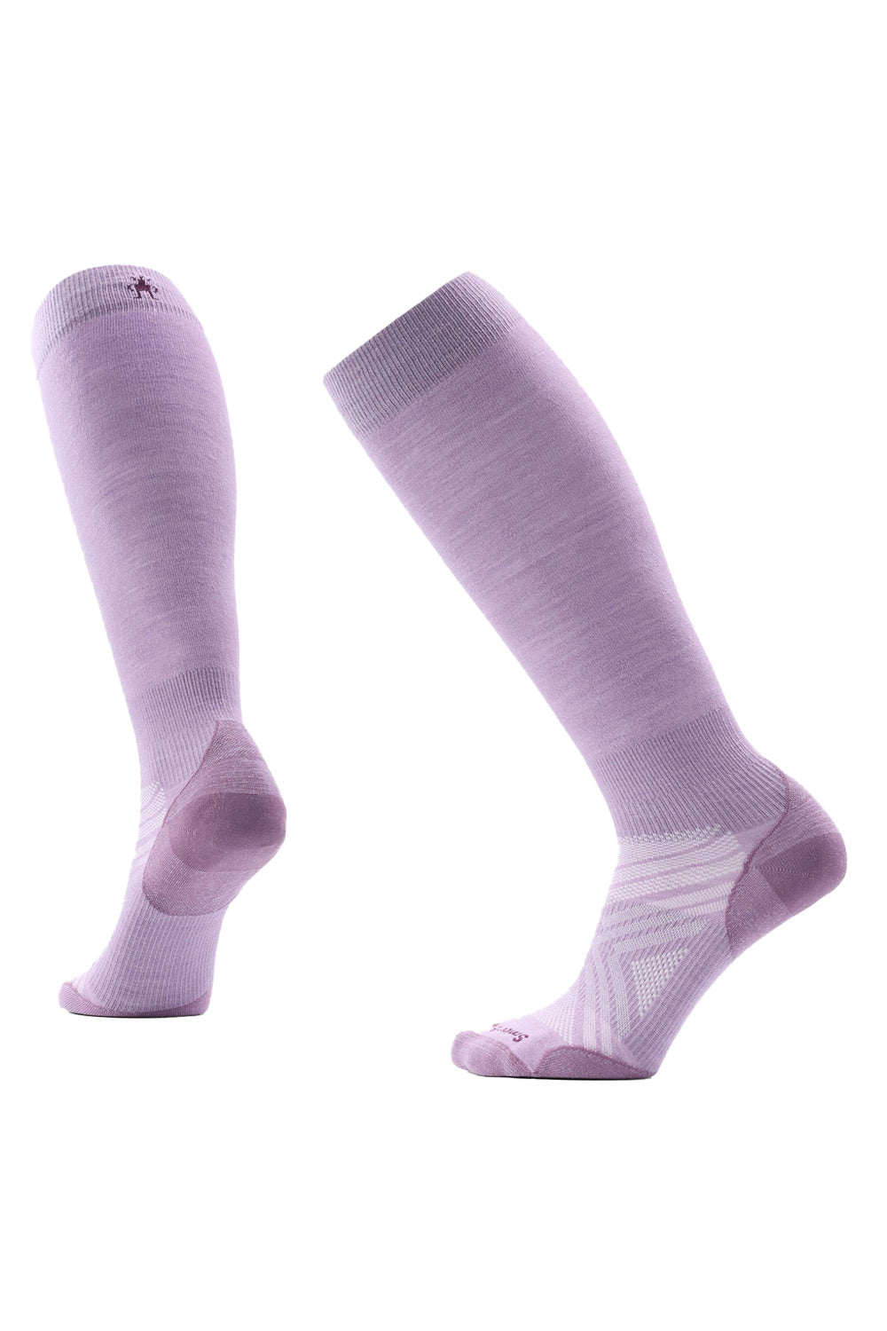 A pair of knee-high ski socks in a light lavender purple color, shown from both the side and front angles against a plain white background.
