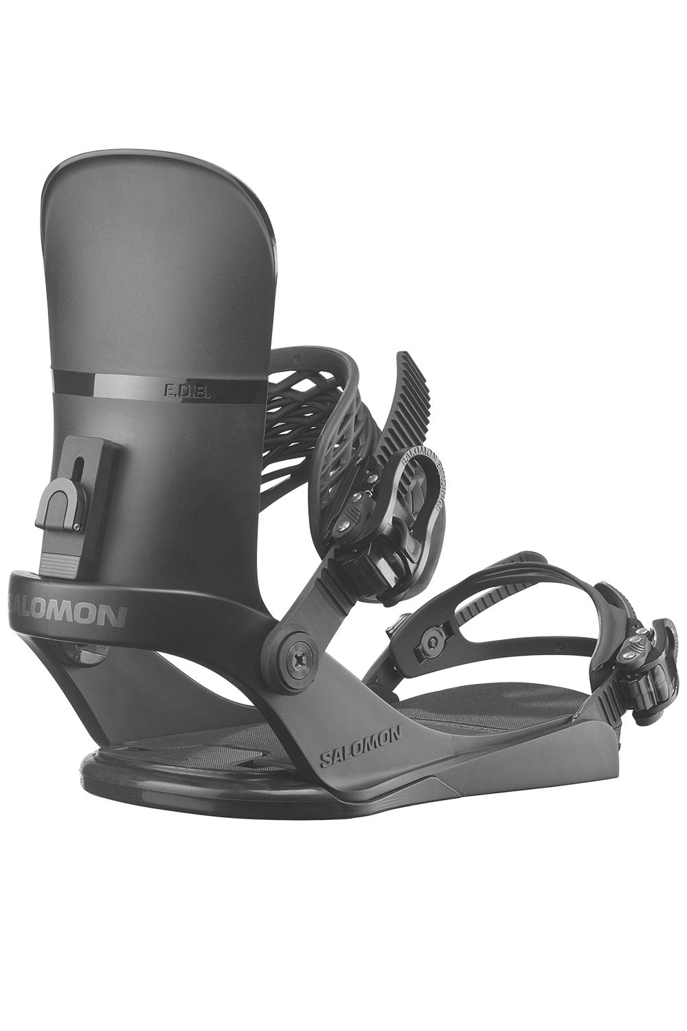 Black snowboard binding on a white background