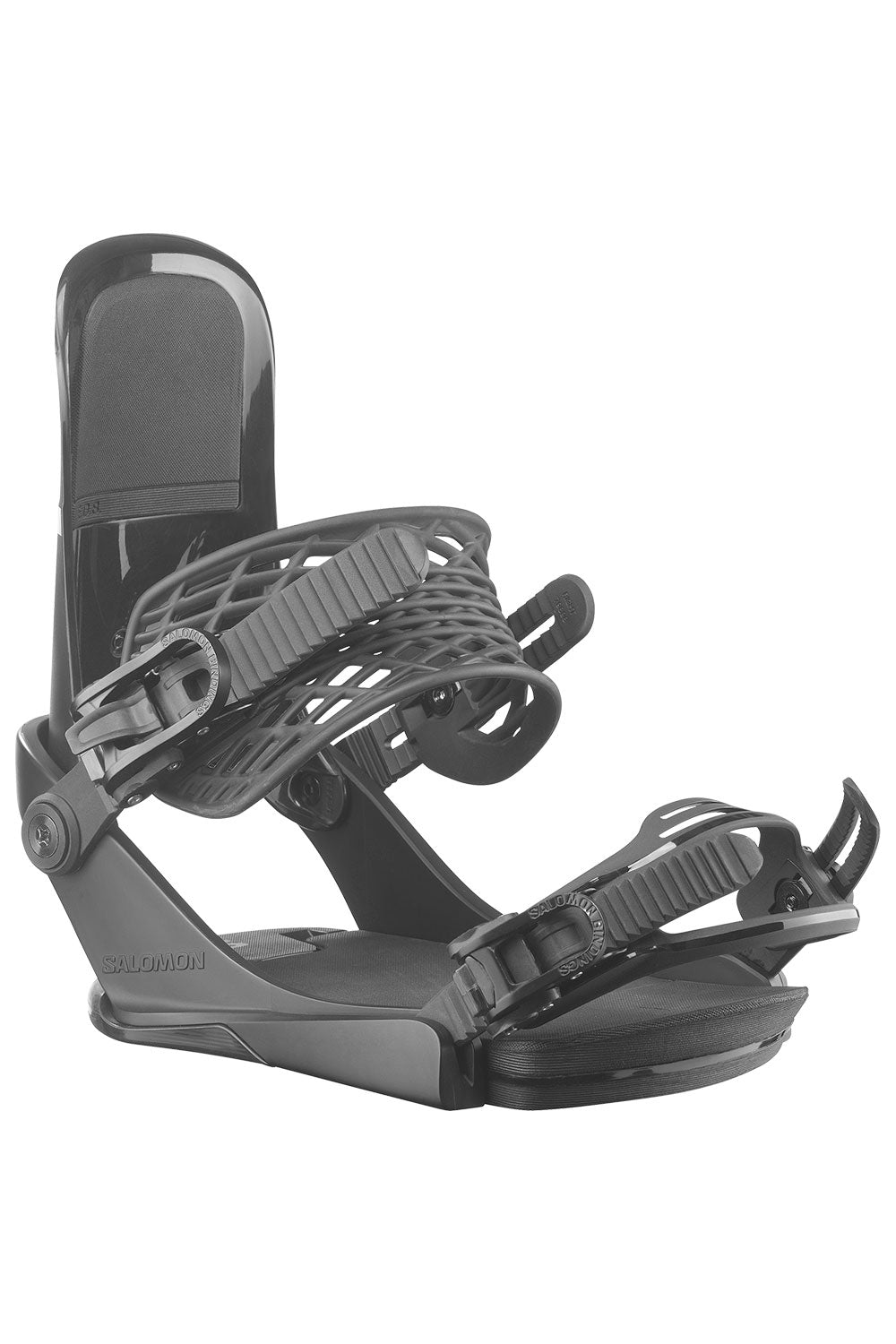 Black snowboard binding on a white background