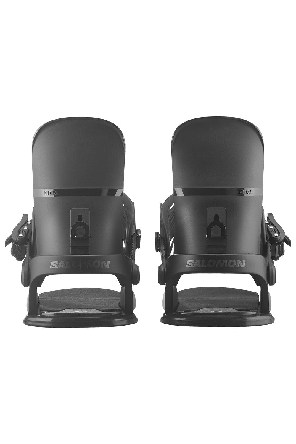Two black snowboard boot bindings with 'Salomon' branding on a white background
