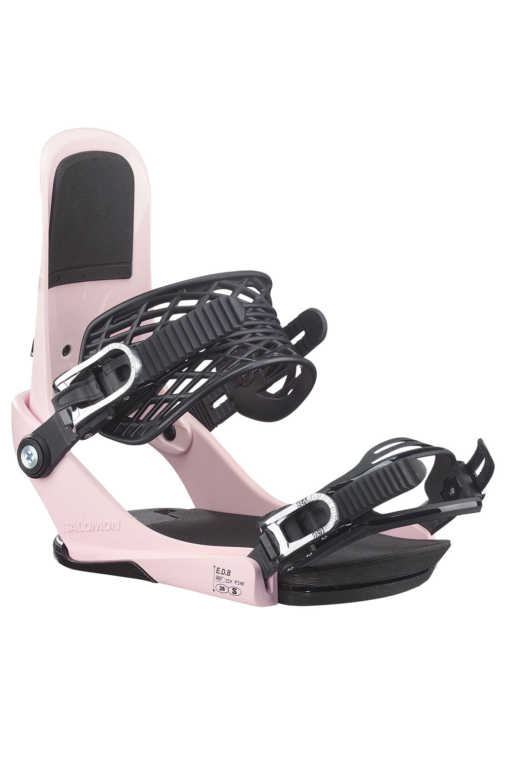 Pink and black snowboard binding on a white background