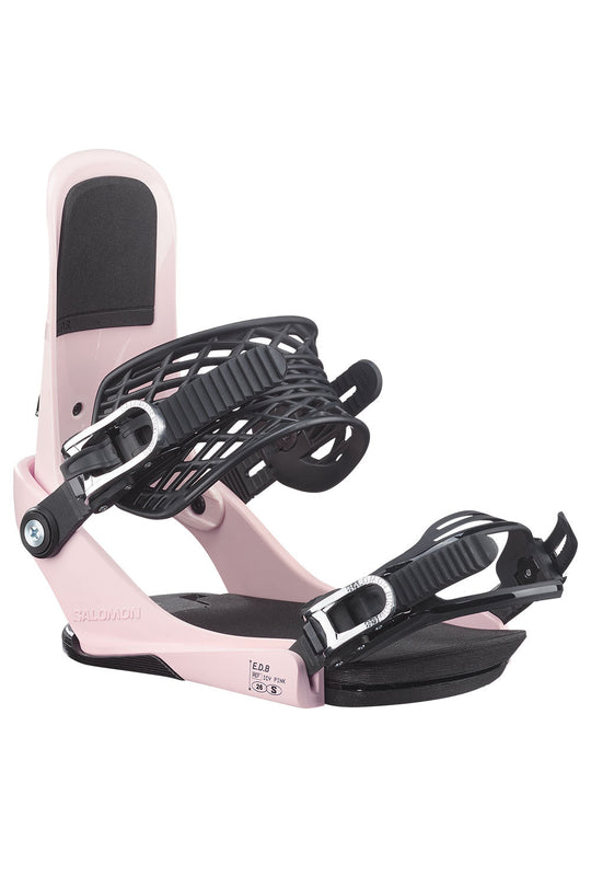 Pink and black snowboard binding on a white background