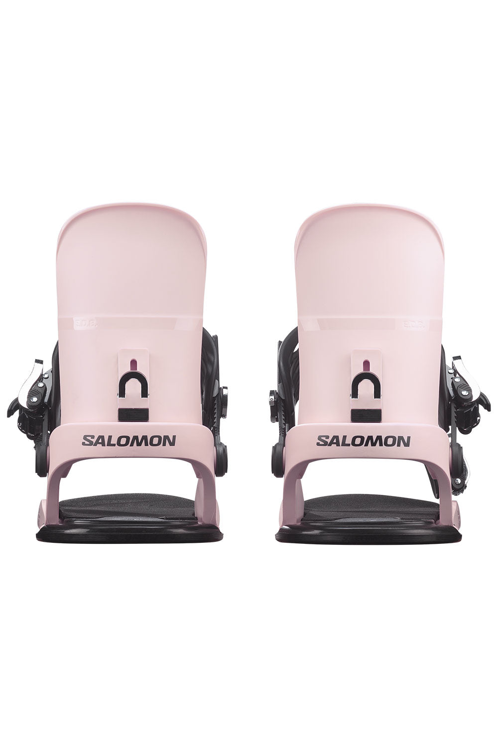 Pair of pink Salomon snowboard bindings on a white background