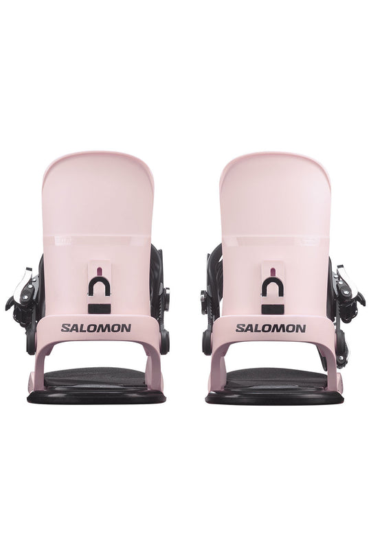 Pair of pink Salomon snowboard bindings on a white background