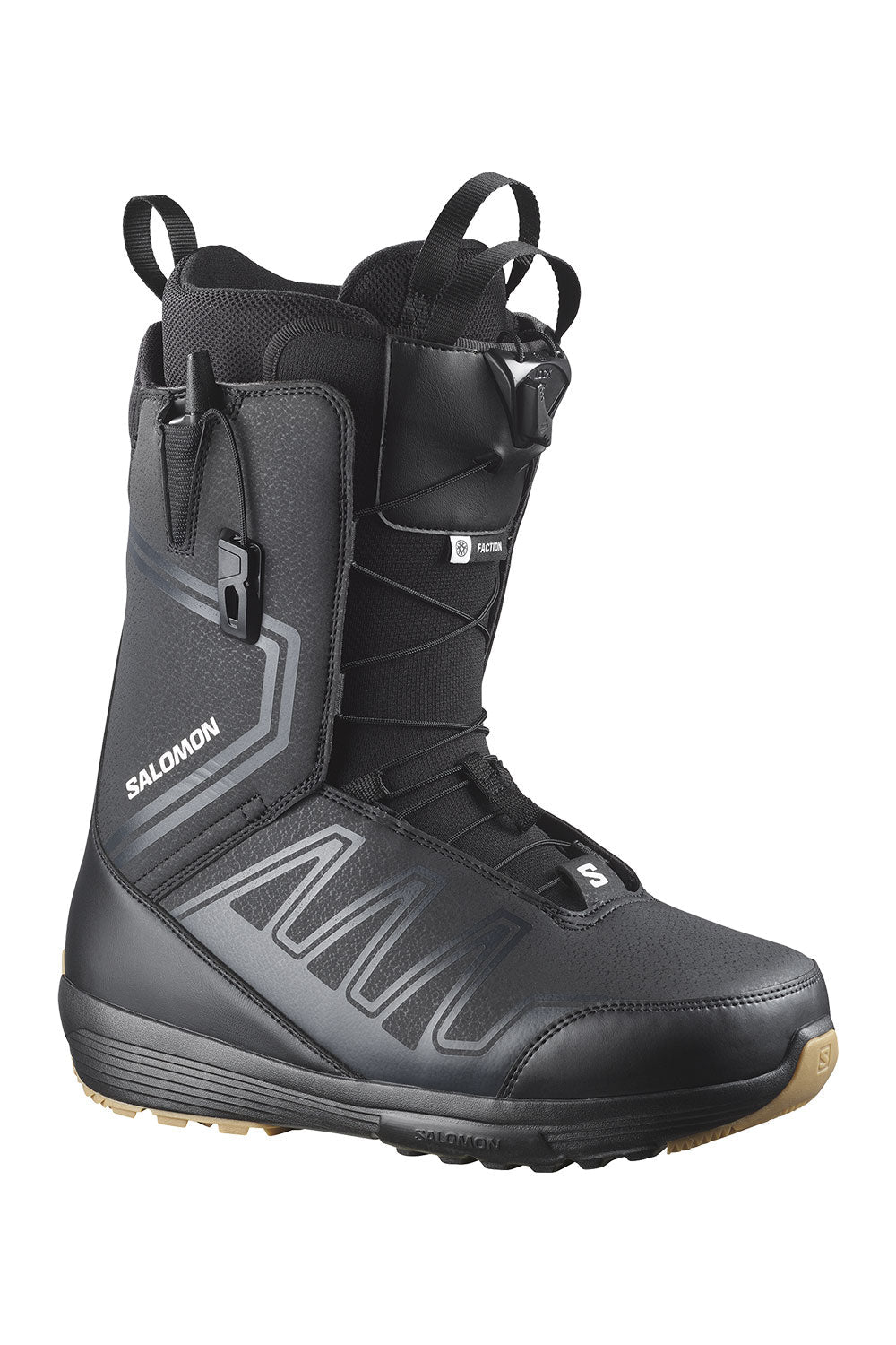 Black snowboard boot with visible branding on a white background