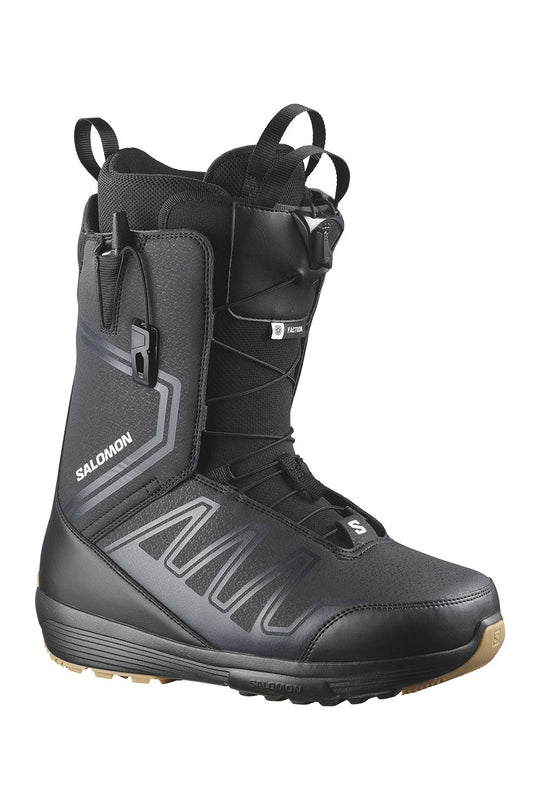 Black snowboard boot with visible branding on a white background