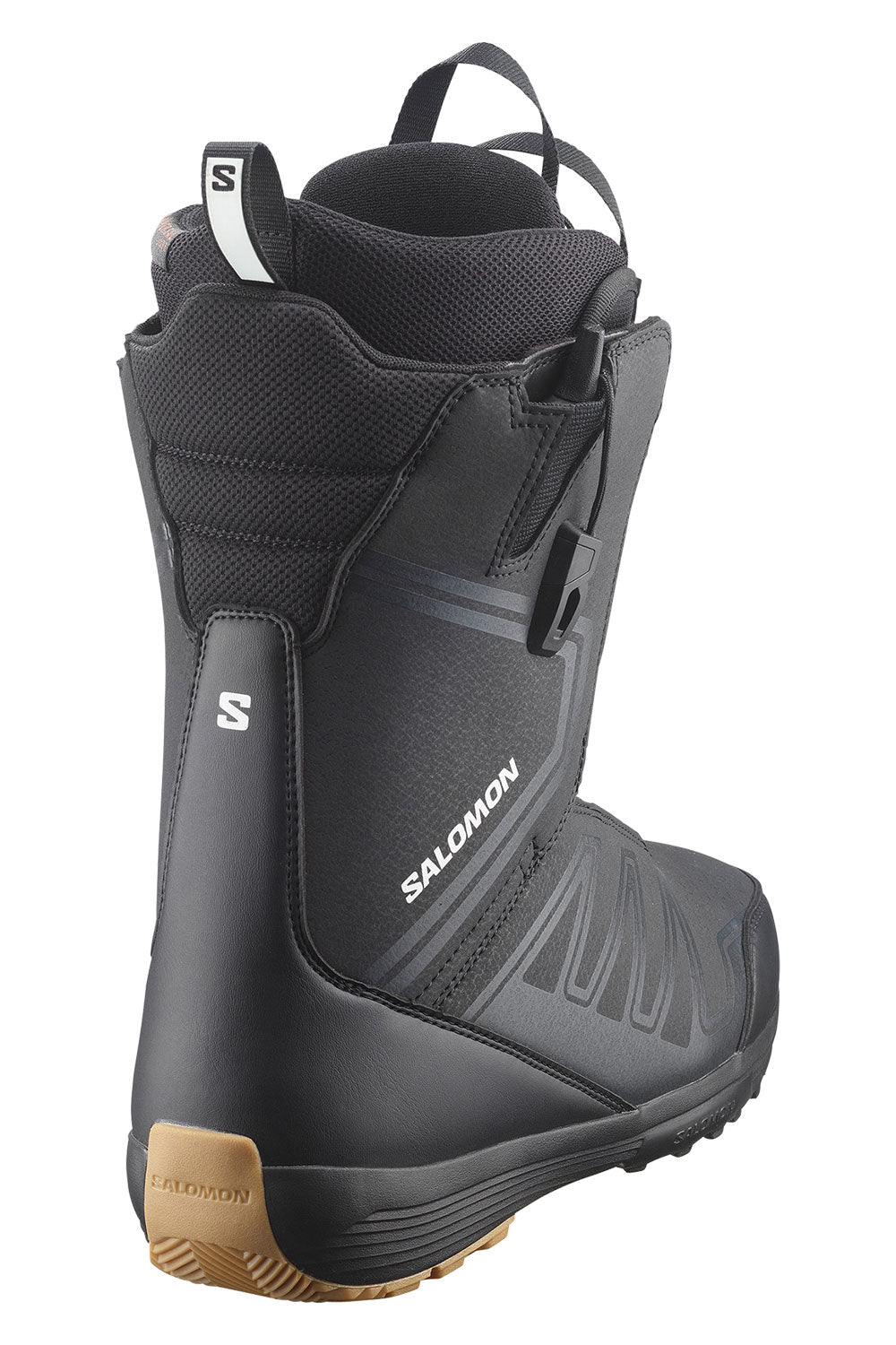 Black Salomon snowboard boot on a white background