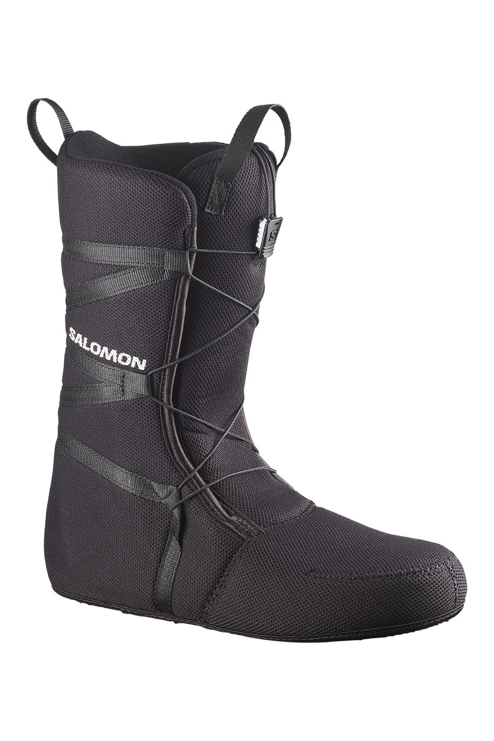 Black snowboard boot with brand logo on a white background