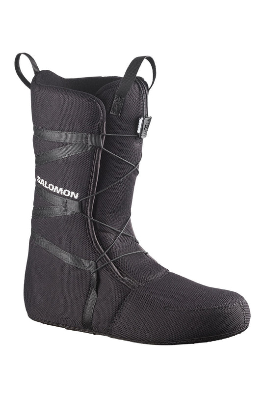 Black snowboard boot with brand logo on a white background
