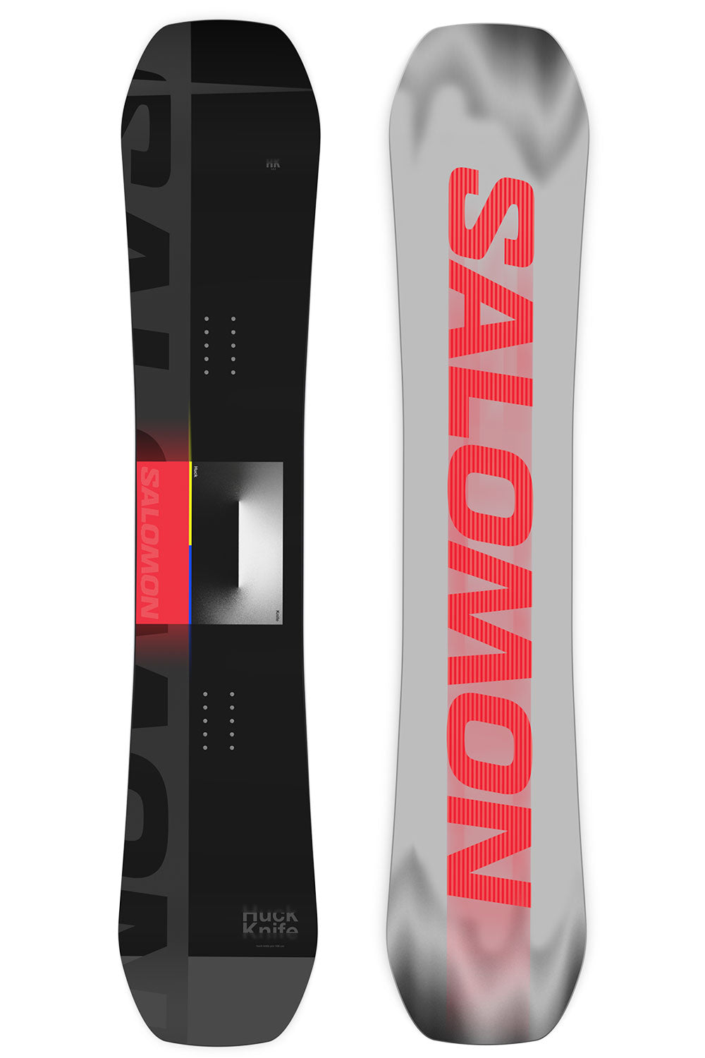 Salomon snowboard with black and gray design on one side and red 'Salomon' branding on the other, on a white background.
