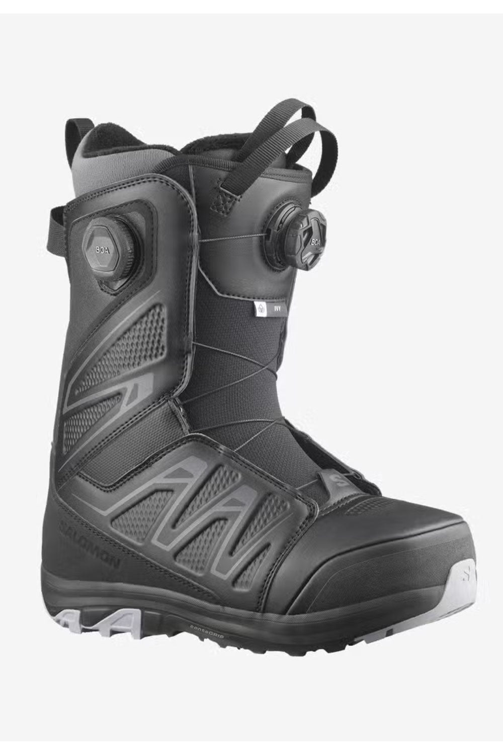 Black snowboard boot with visible brand logo on a white background