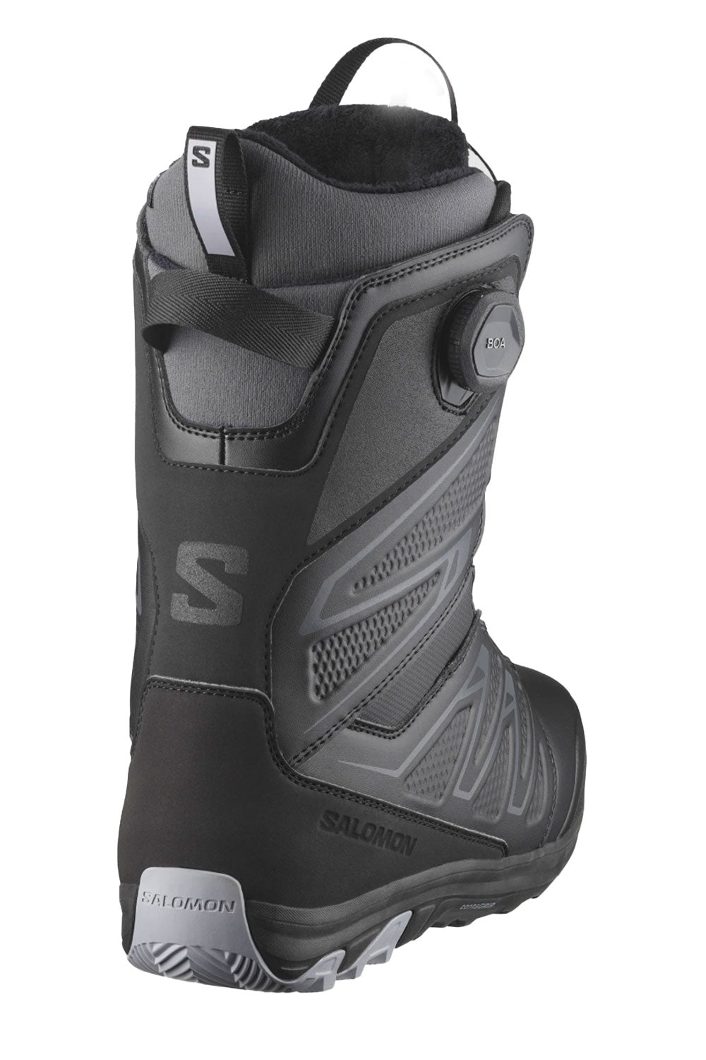Black and gray snow boot with brand logo on a white background