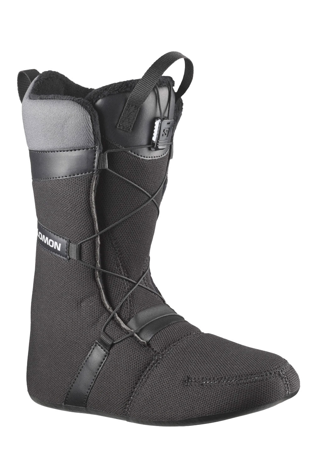 Black snowboard boot liner with gray interior on a white background