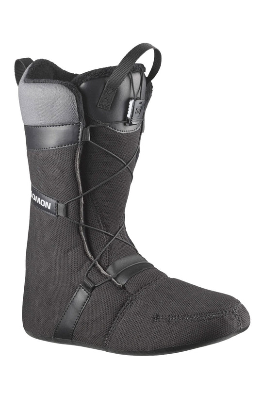 Black snowboard boot liner with gray interior on a white background