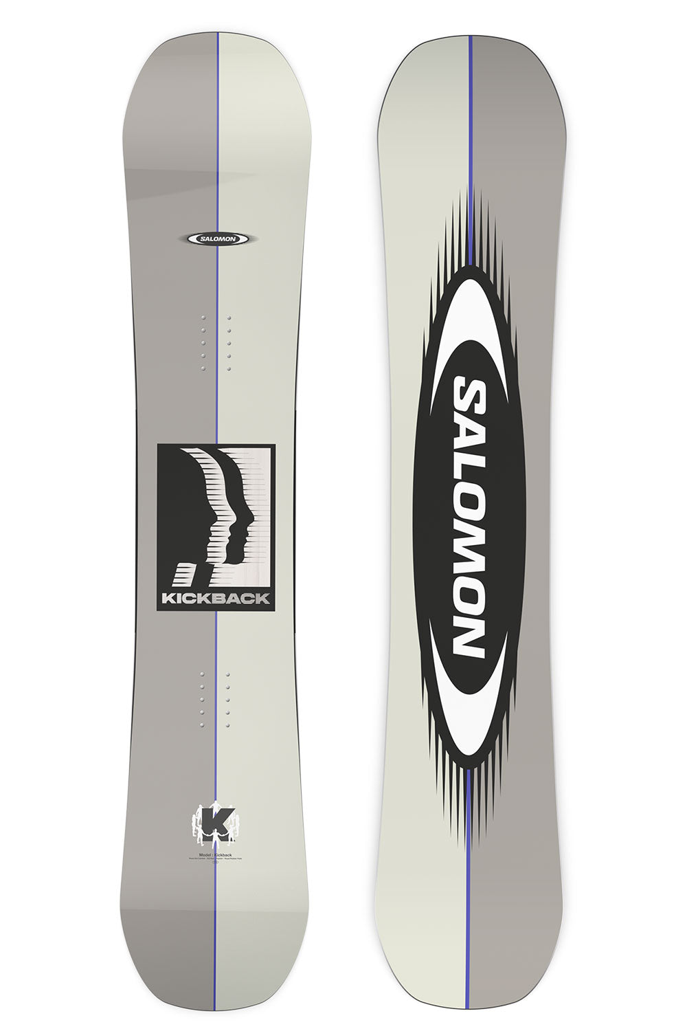 Two views of a Salomon snowboard with branding on a white background