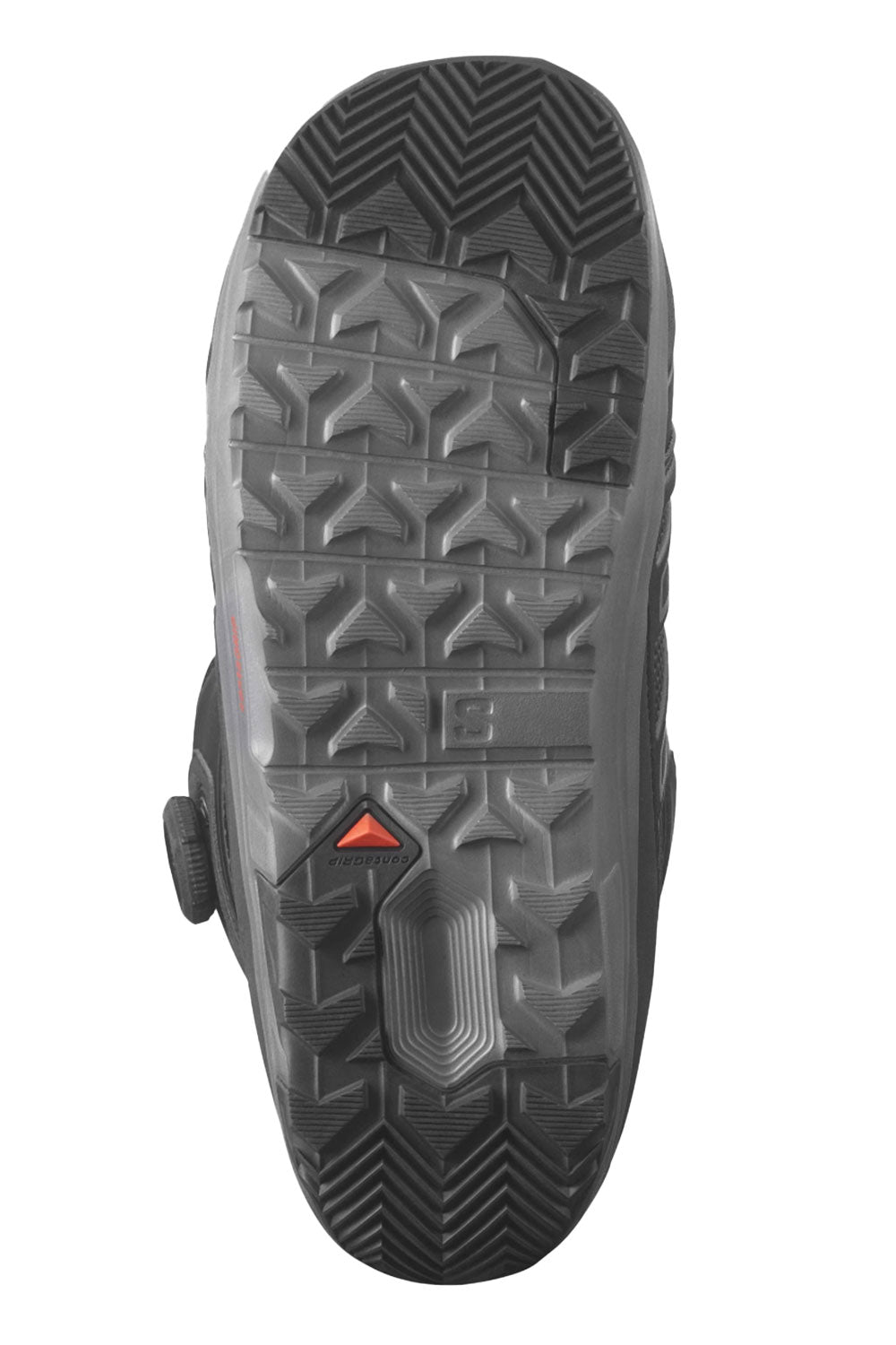 Close-up of a black shoe sole with tread pattern on a white background