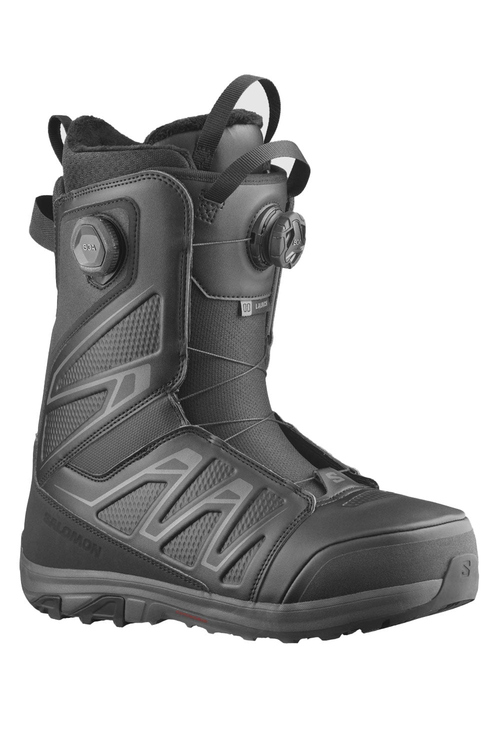 Black snowboard boot on a white background