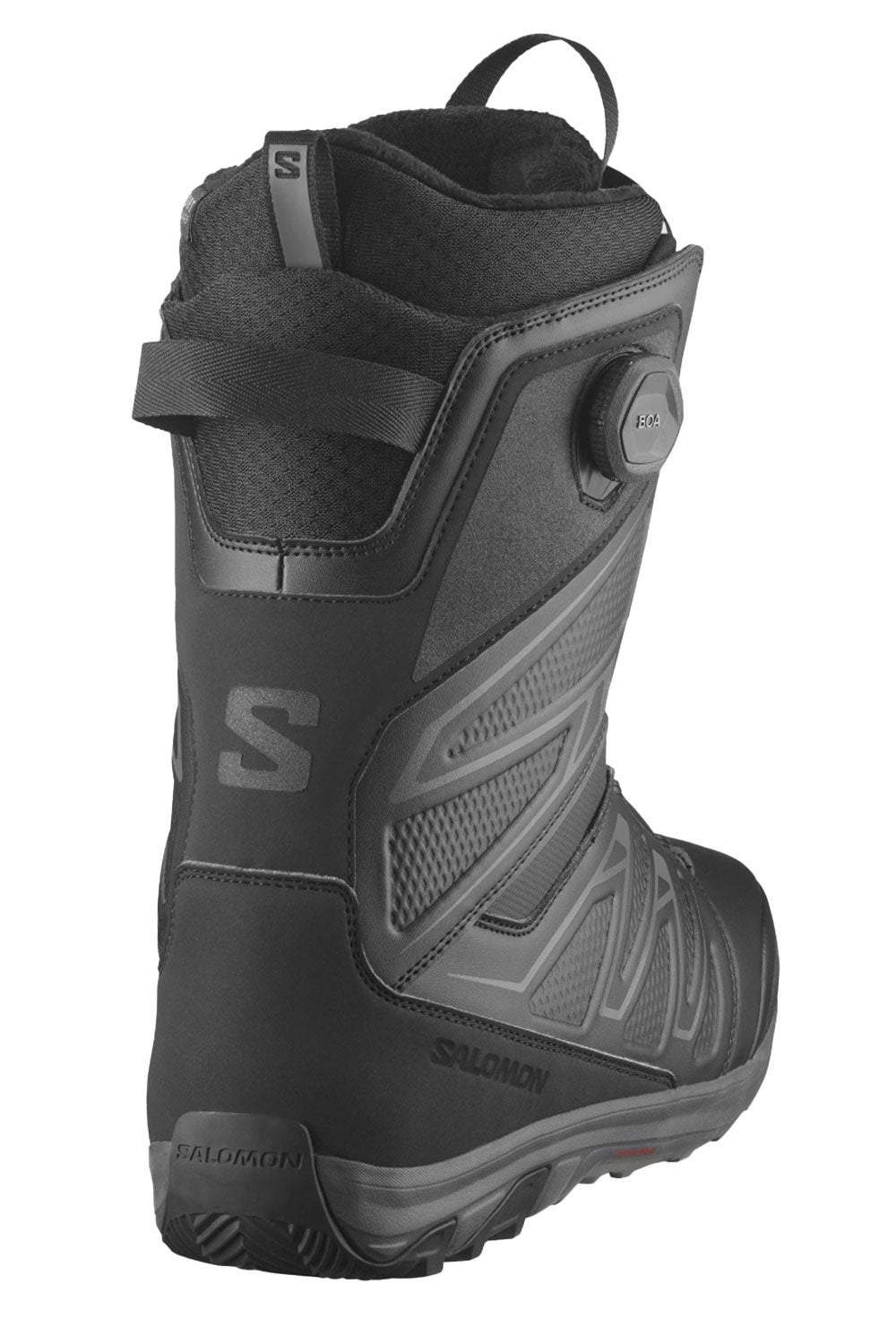 Black snowboard boot with visible brand logo on a white background