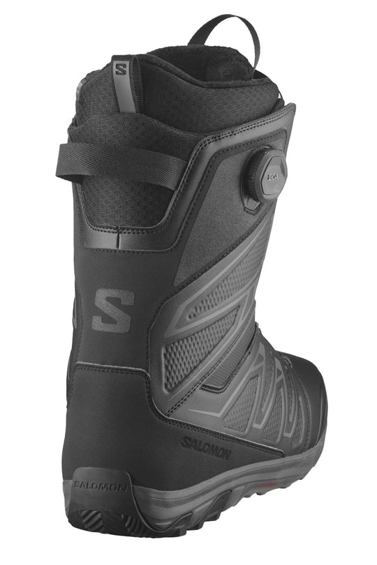 Black snowboard boot with visible brand logo on a white background