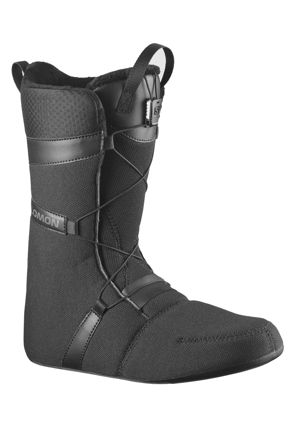 Black snowboarding boot with lace-up design on a white background