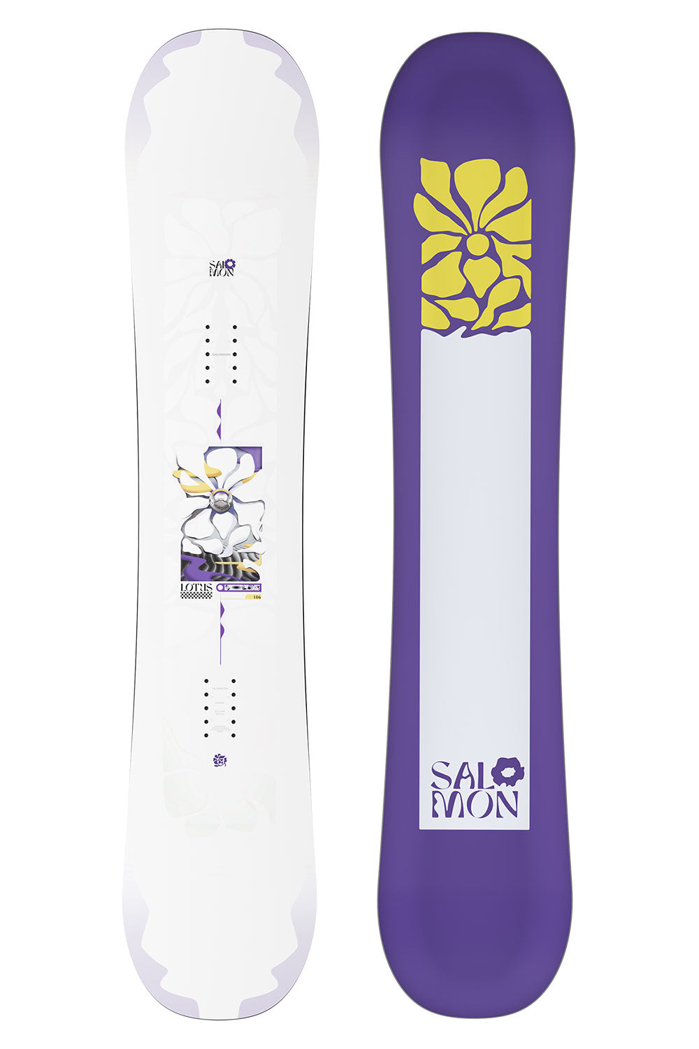 Two views of a snowboard with a purple and white design on a white background