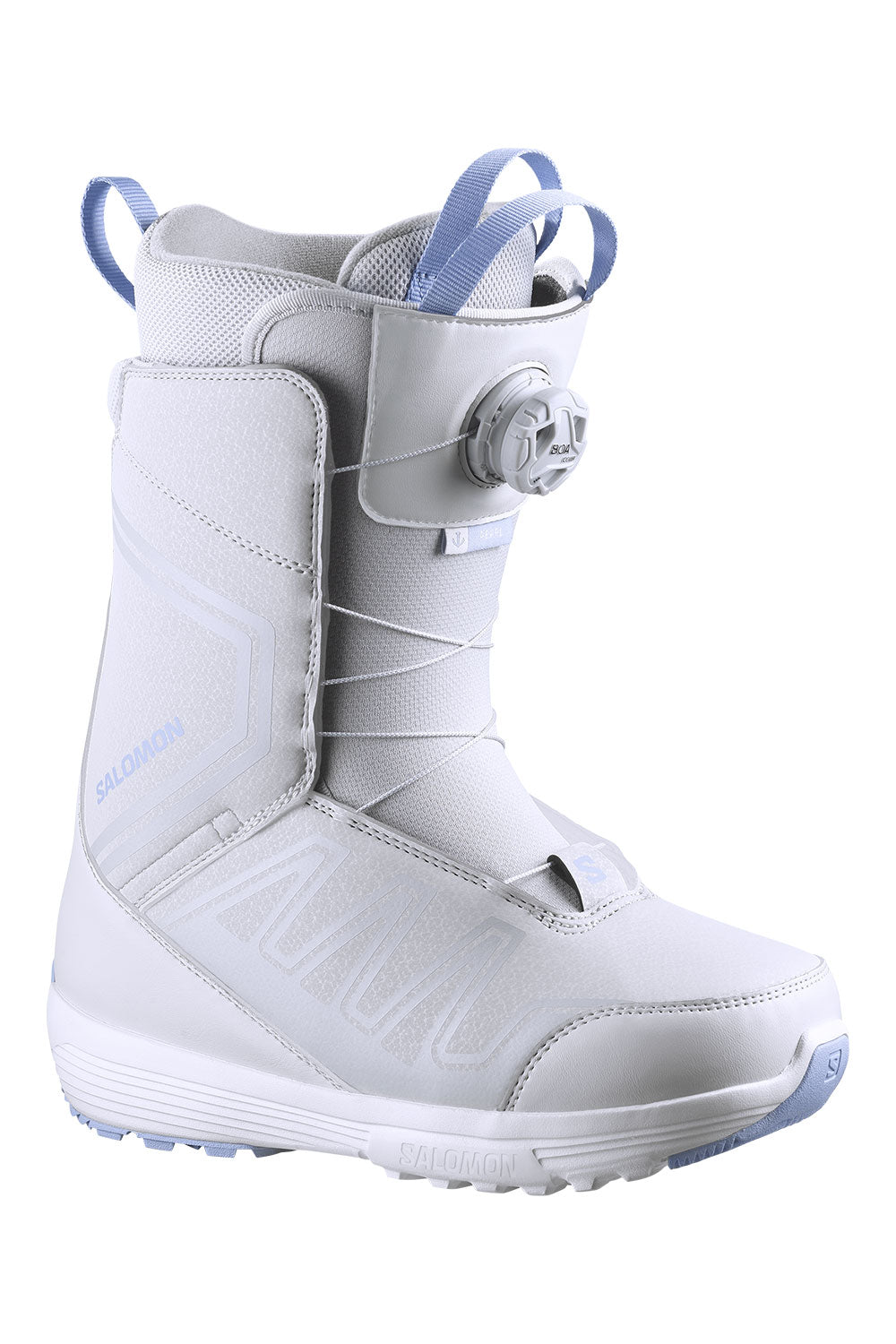 White snowboard boot with blue accents on a white background