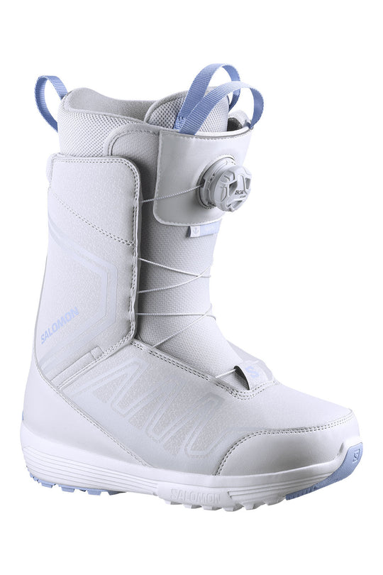 White snowboard boot with blue accents on a white background