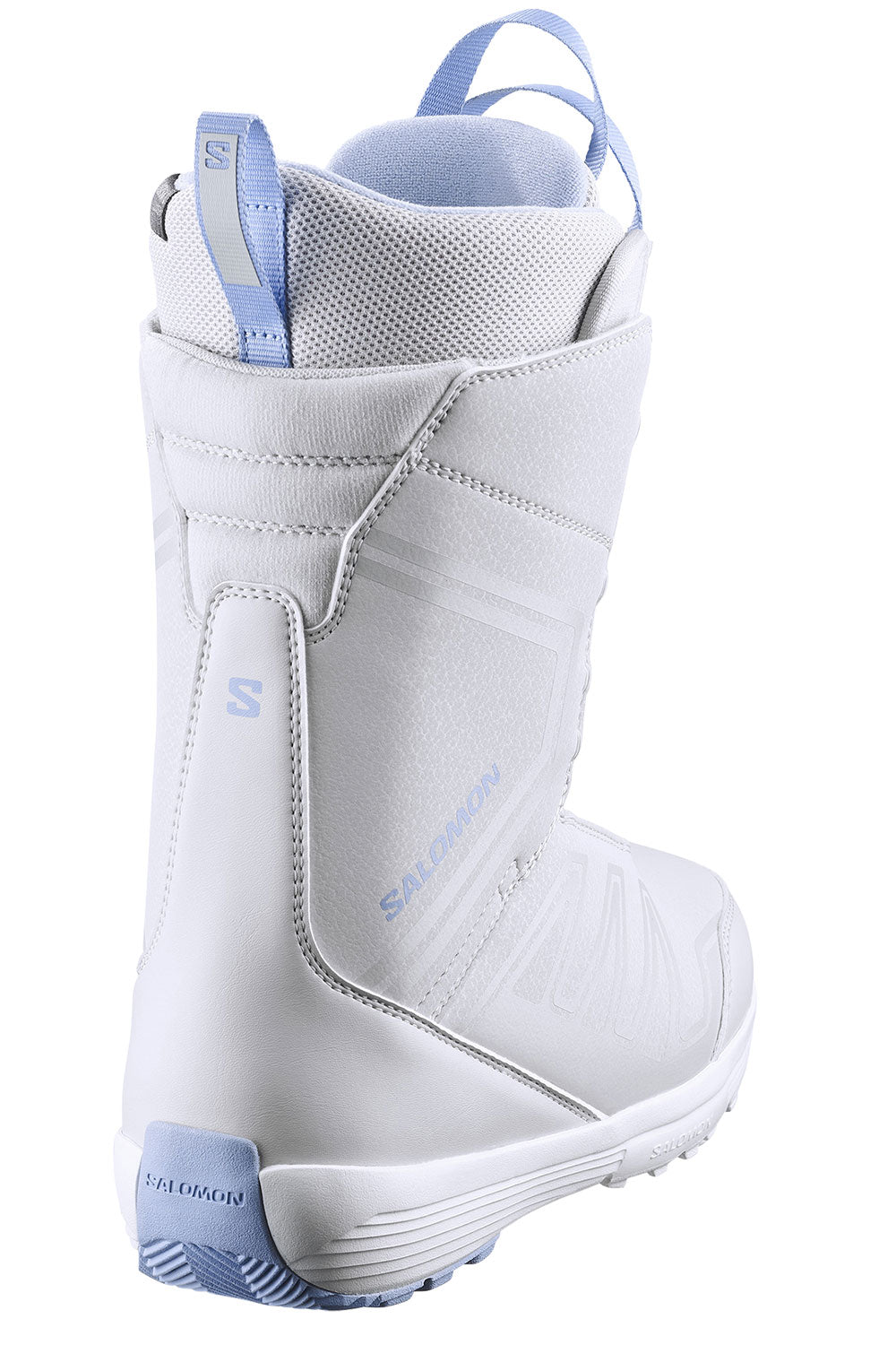 White snowboard boot with blue accents on a white background