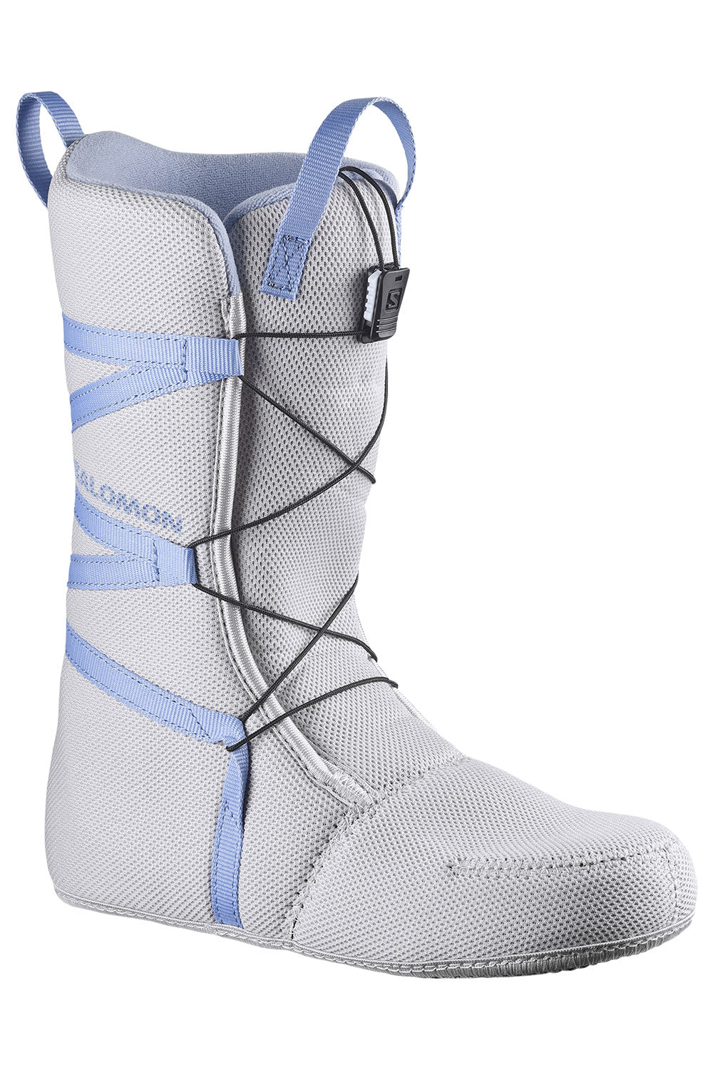 Gray snowboard boot liner with blue accents on a white background