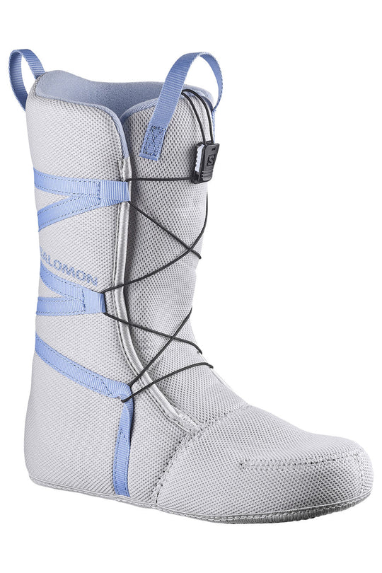 Gray snowboard boot liner with blue accents on a white background