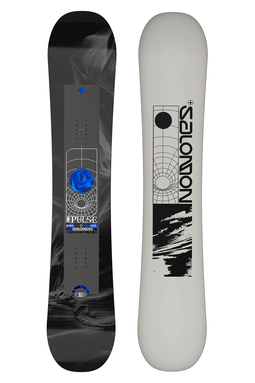 Two views of a snowboard with a brand logo on a white background