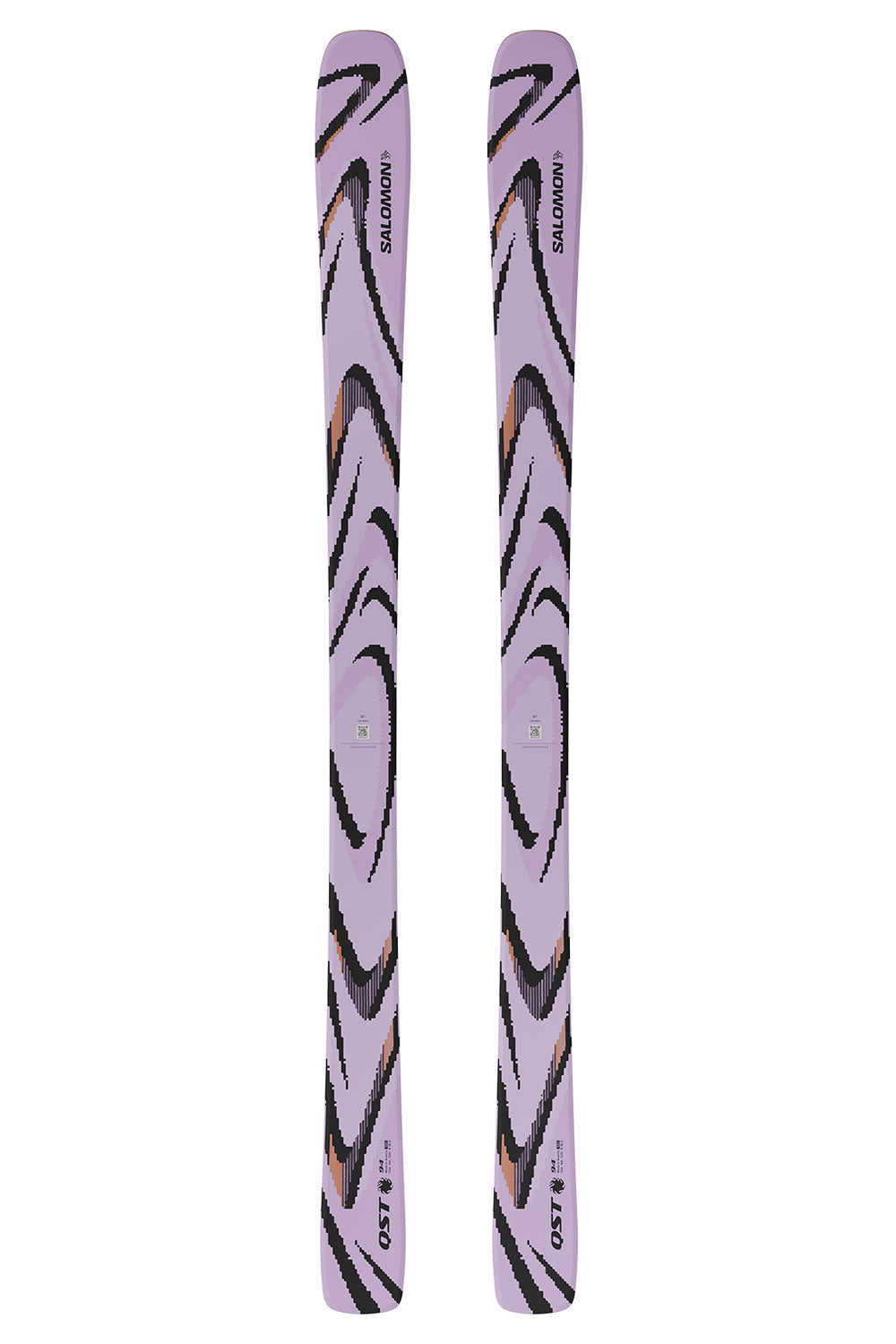 Pair of purple skis with black and orange patterns on a white background