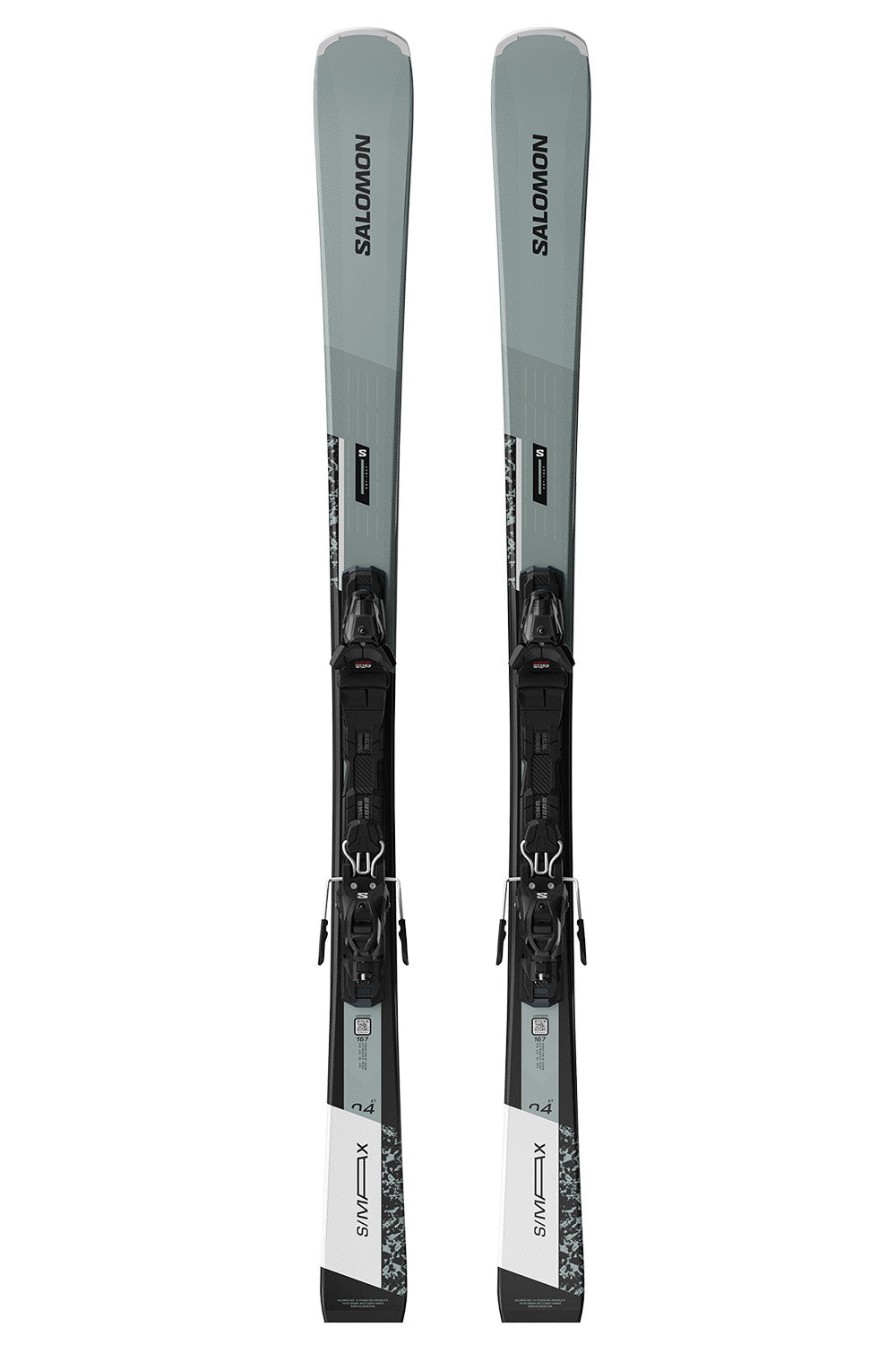 Two Salomon skis with bindings on a white background
