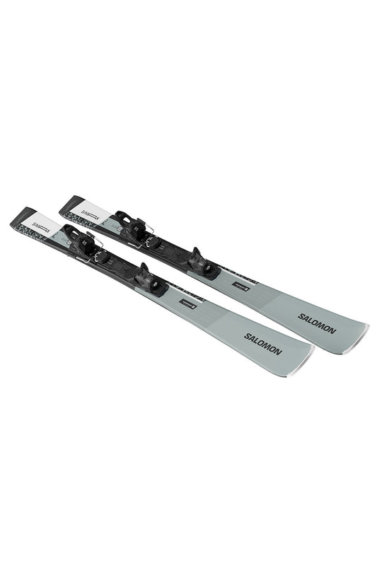 Two pairs of skis with bindings on a white background
