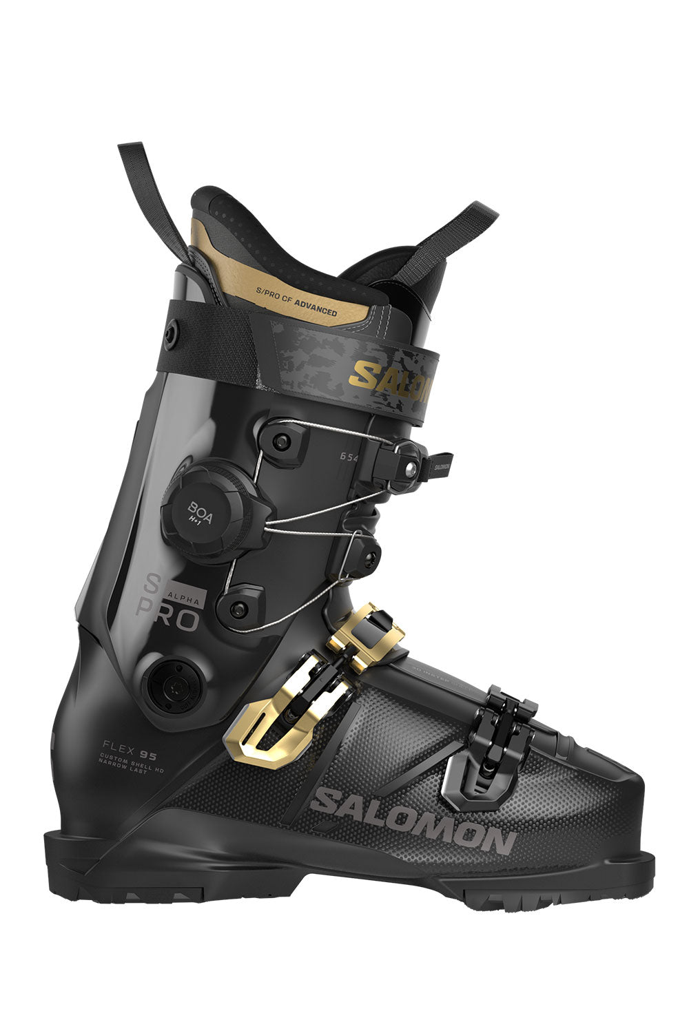 Black ski boot with gold accents on a white background