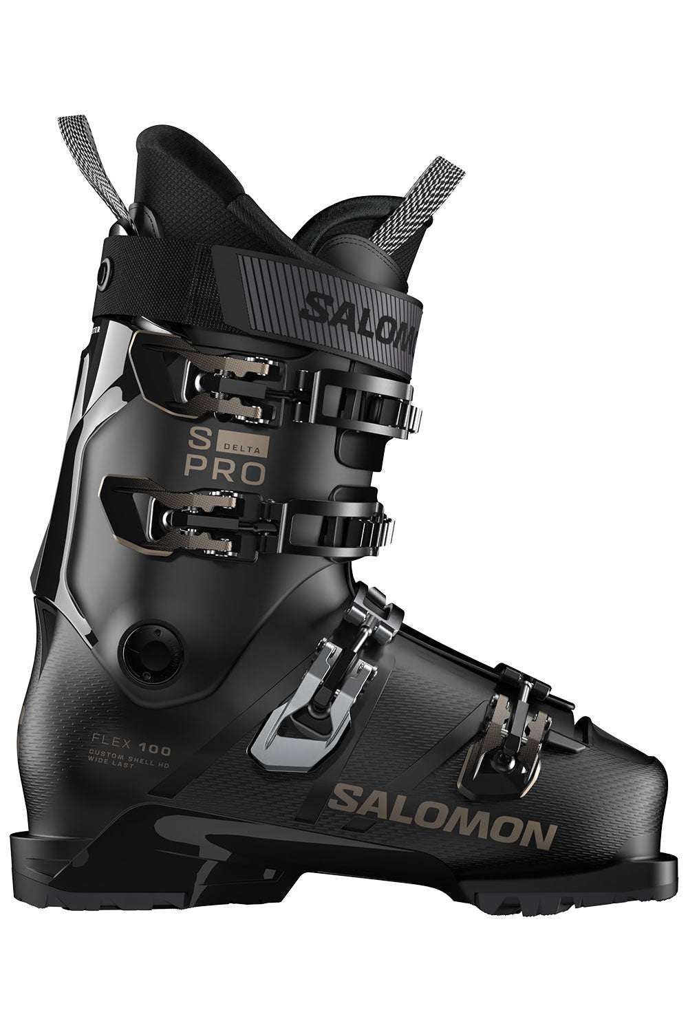 Black Salomon ski boot on a white background