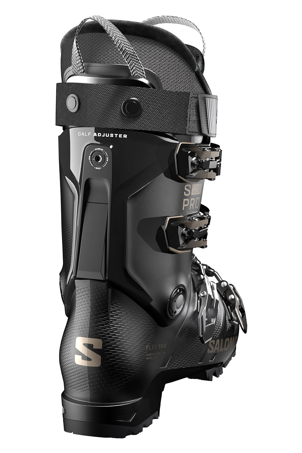 Black ski boot with visible brand logo on a white background
