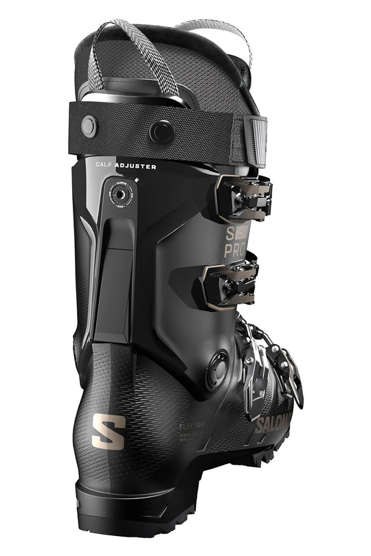 Black ski boot with visible brand logo on a white background