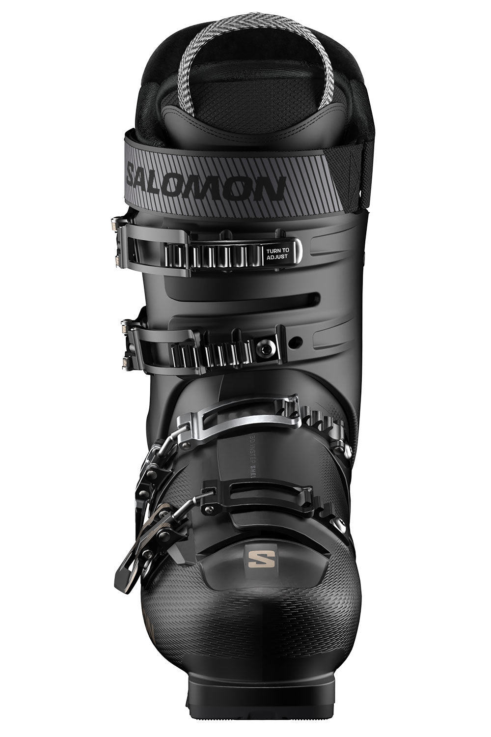 Black ski boot with Salomon branding on a white background