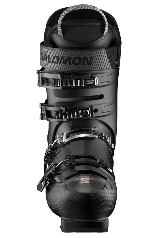 Black ski boot with Salomon branding on a white background