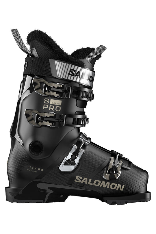 Black Salomon ski boot on a white background