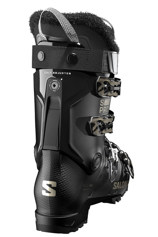 Black ski boot with visible brand logo on a white background
