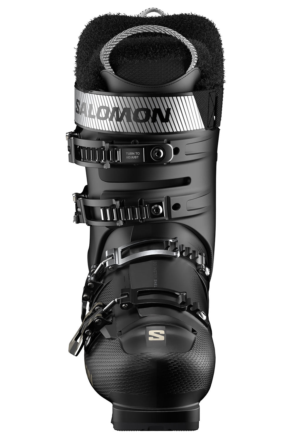 Black ski boot with Salomon branding on a white background