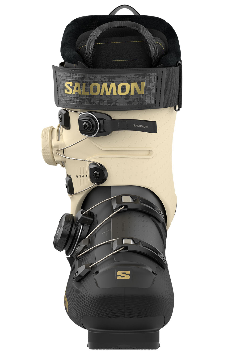 Salomon ski boot in black and beige with gold logo accents, shown from a front-facing angle on a white background.