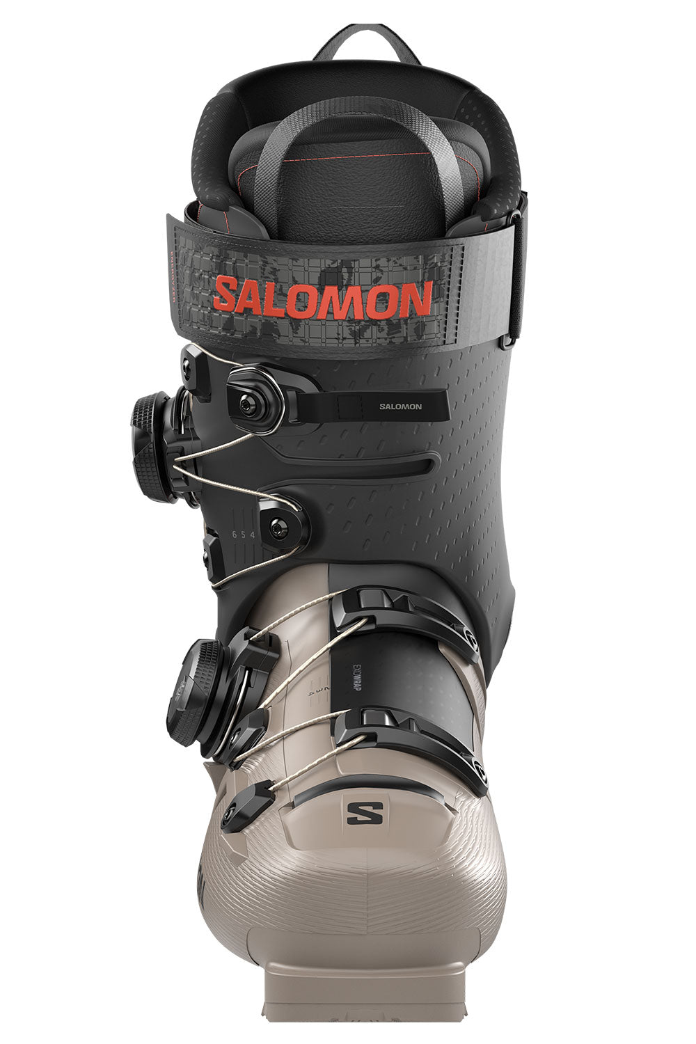 Salomon ski boot in dark gray and beige with black dials and a red Salomon logo on the strap, shown against a plain white background.