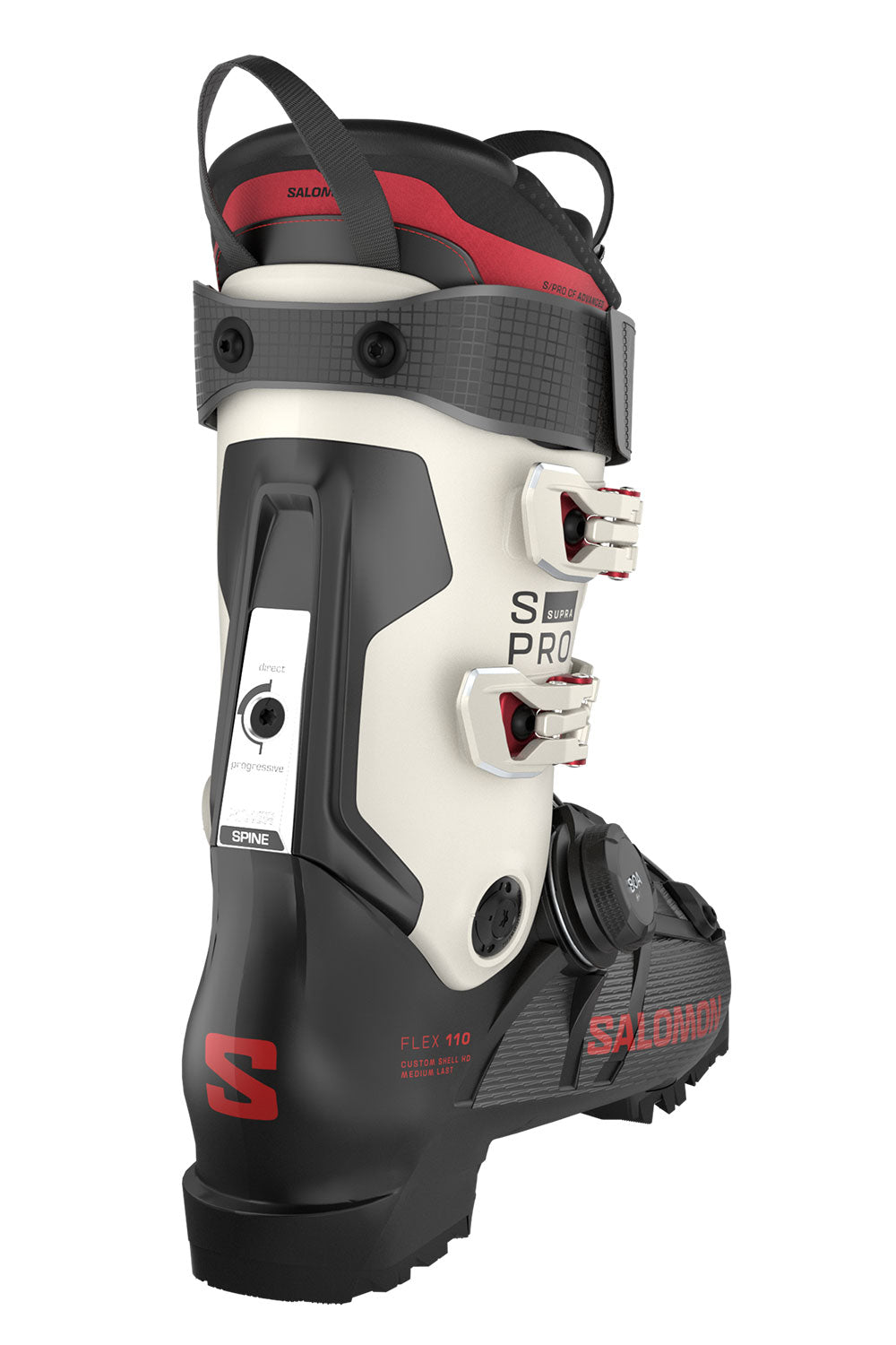 Salomon ski boot in white, black, and red, featuring dual buckle closures and a textured strap system, shown against a plain white background.