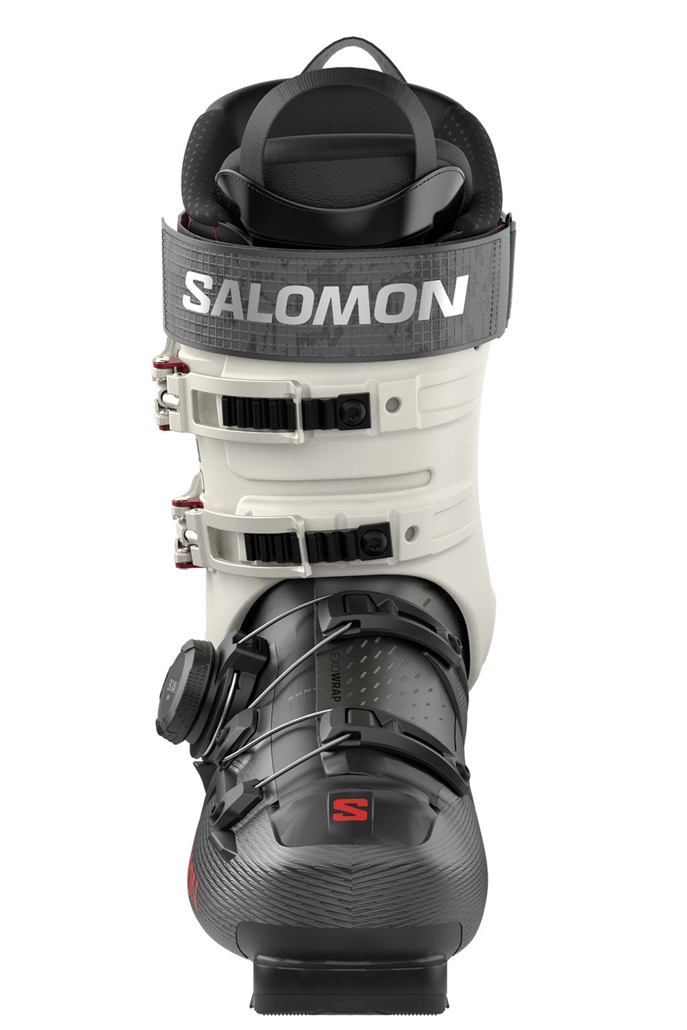 Salomon ski boot in white and black with gray strap, shown from the front on a white background.